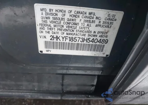 2003 Honda Pilot Ex-L из США, поврежденный, VIN 2HKYF18573H540489